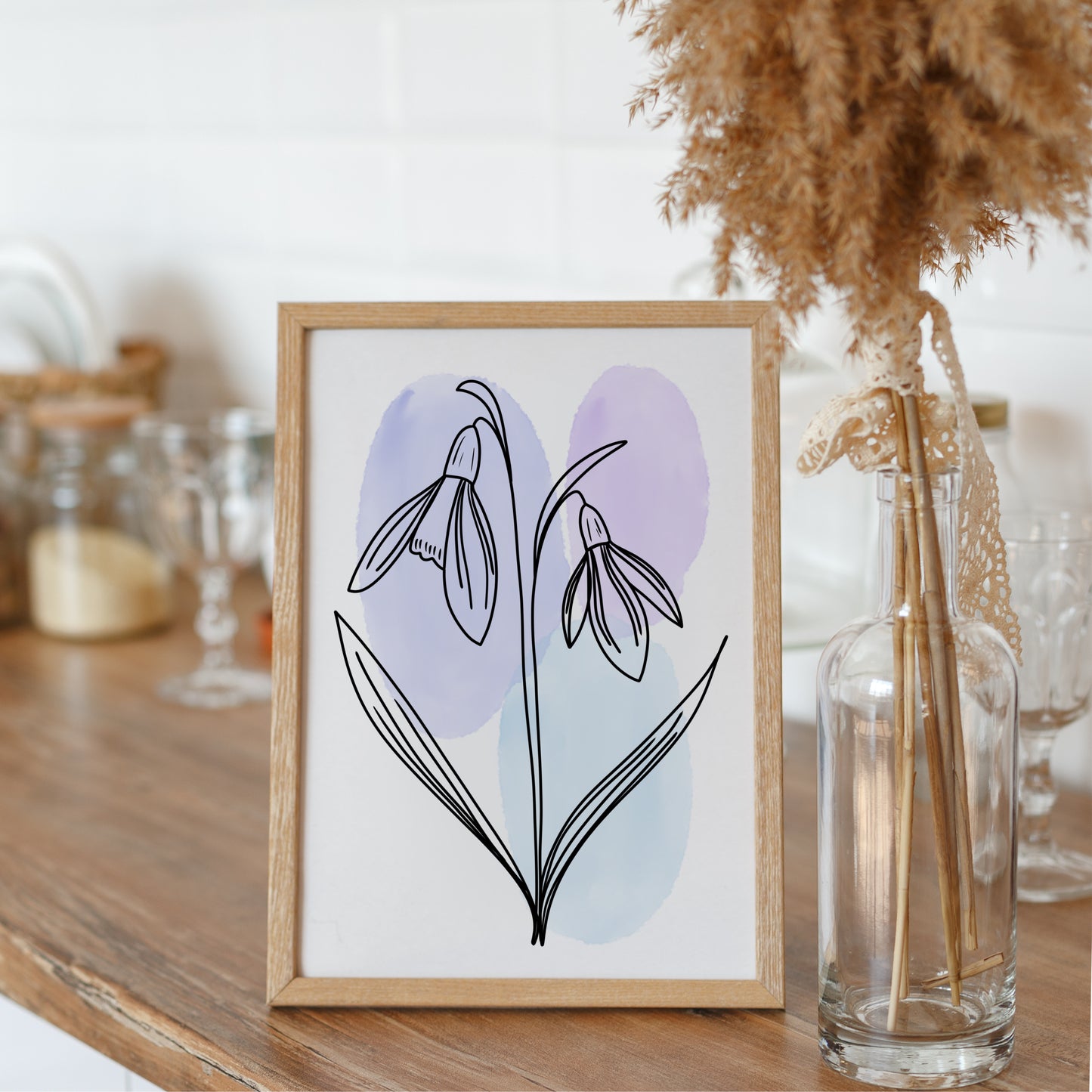 Snowdrops Line Art Print | Blue Colors