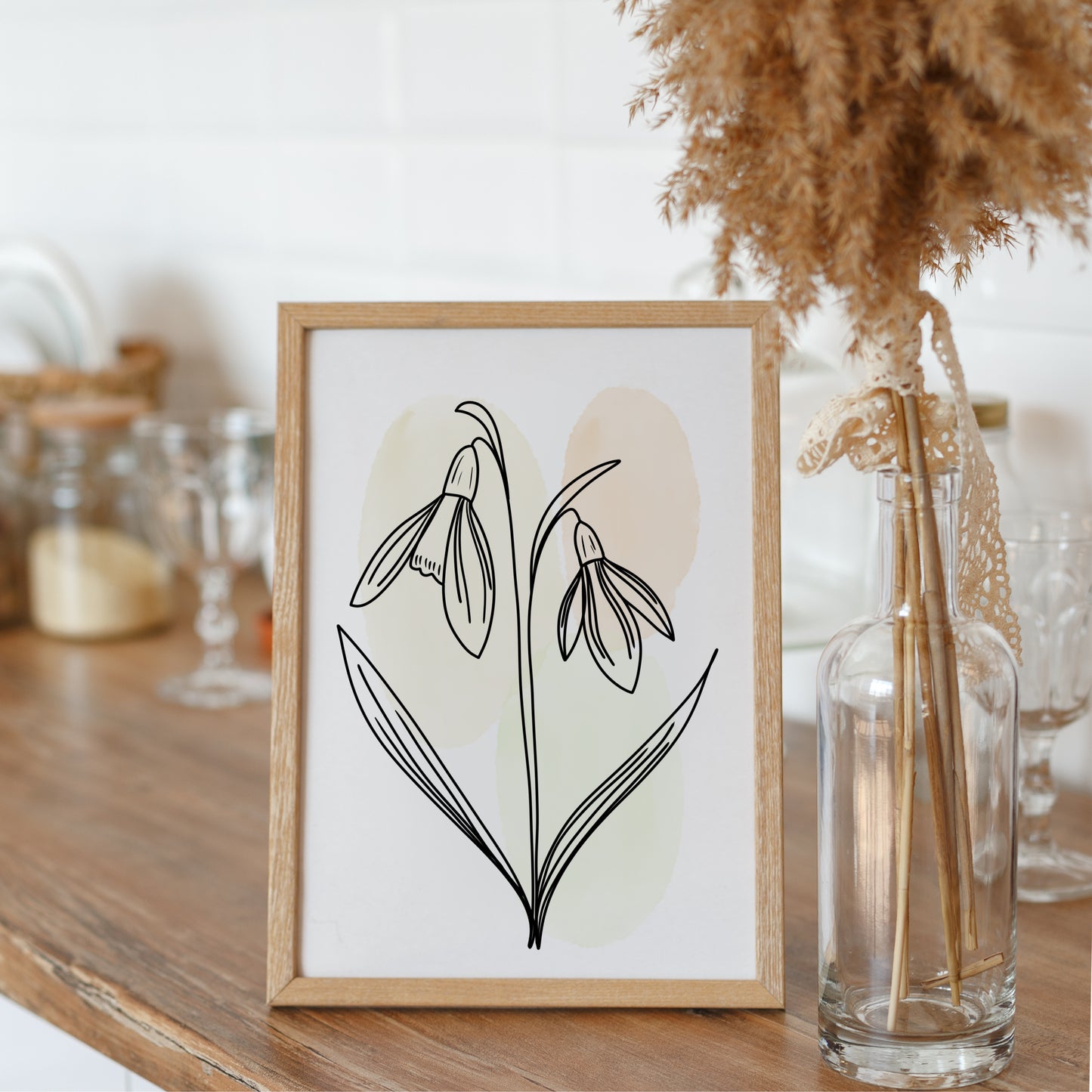 Snowdrops Line Art Print | Beige Colors