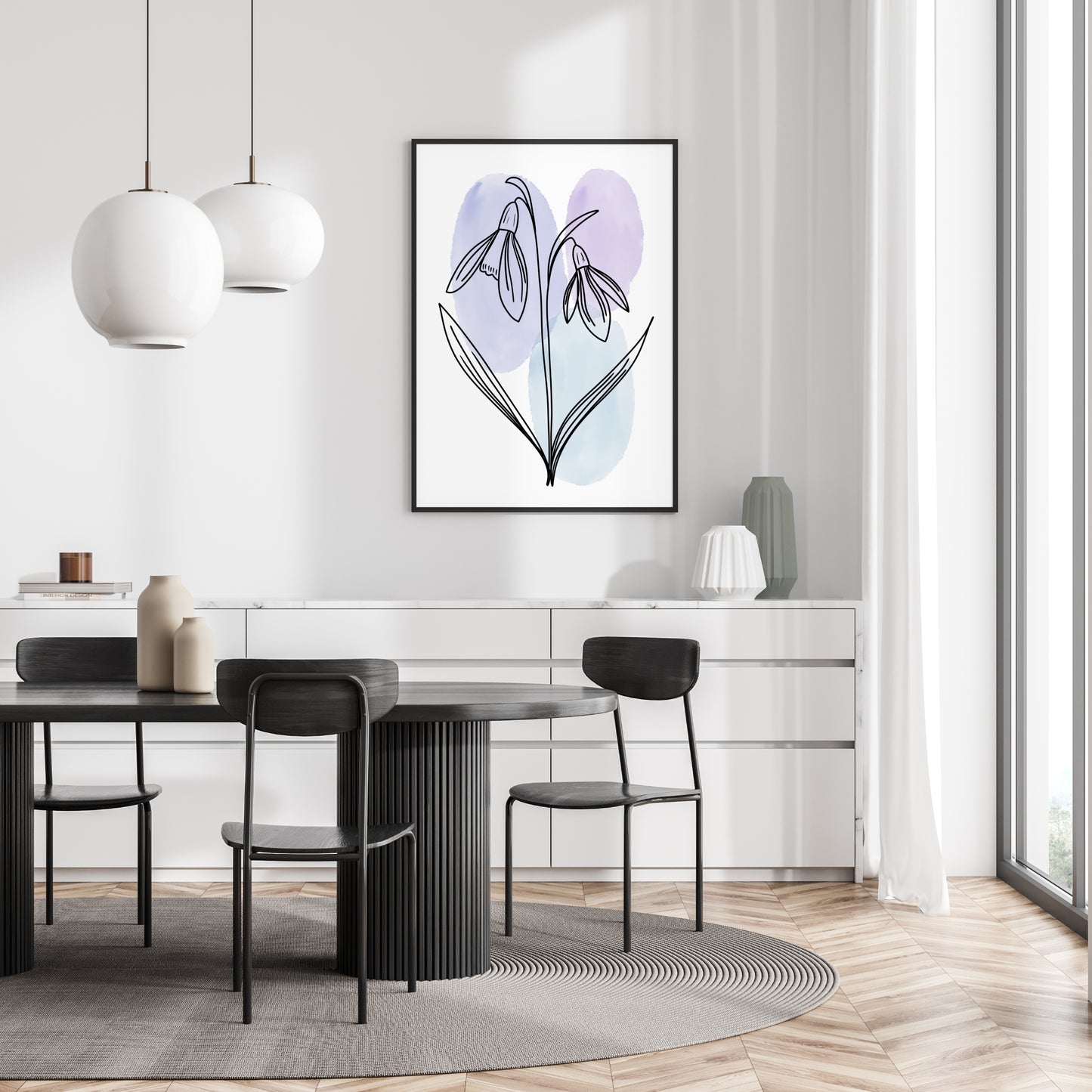 Snowdrops Line Art Print | Blue Colors